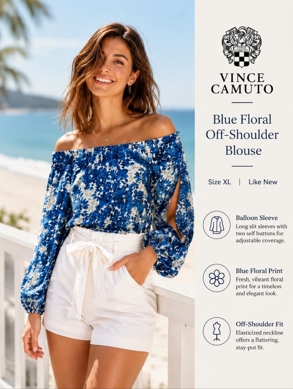 Vince Camuto Blue Floral Off-Shoulder Top | Balloon Sleeve | XL | Like New